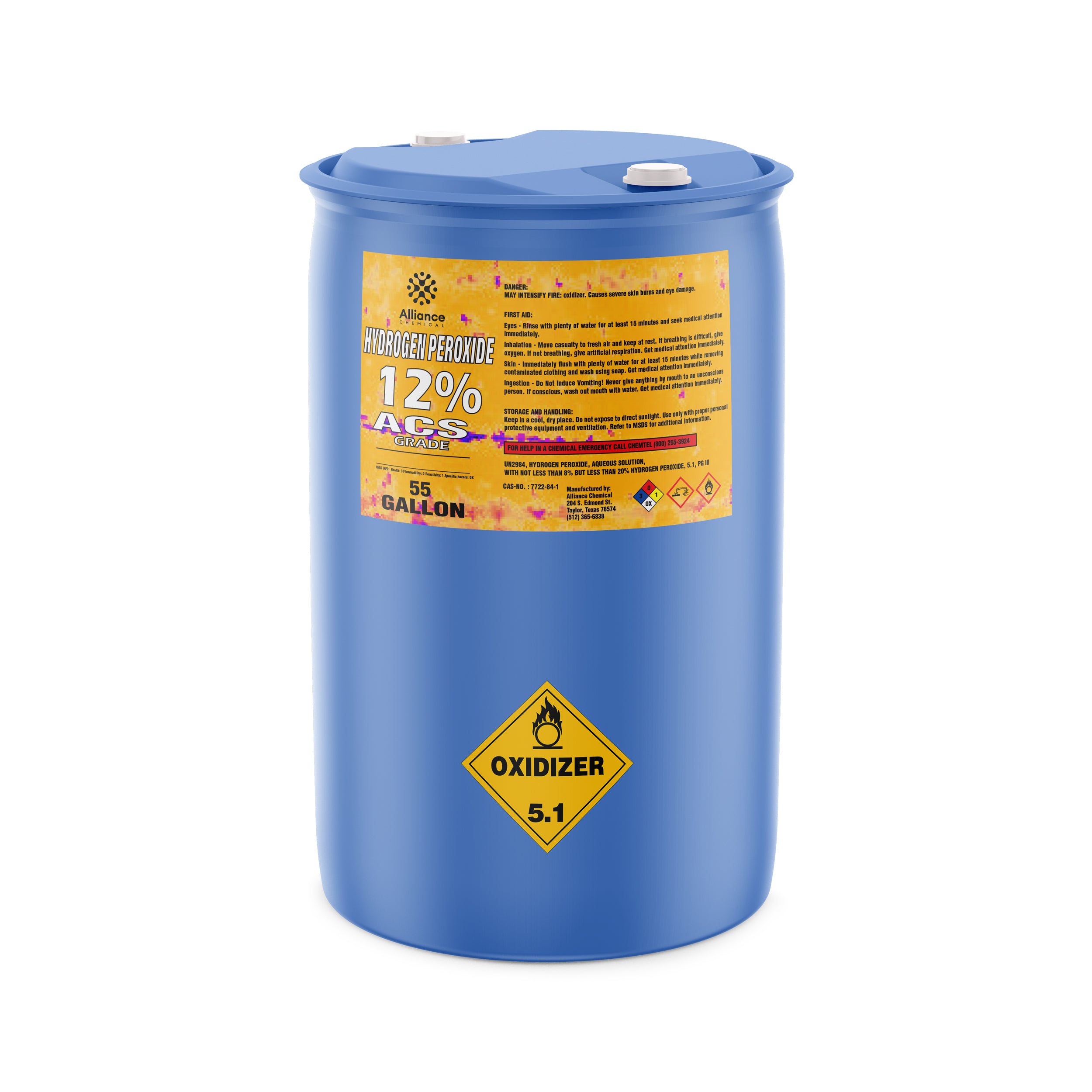 55-gallon blue drum of 12% ACS-grade hydrogen peroxide with Oxidizer 5.1 hazard warning symbol, Alliance Chemical label, and dual-port sealed lid.